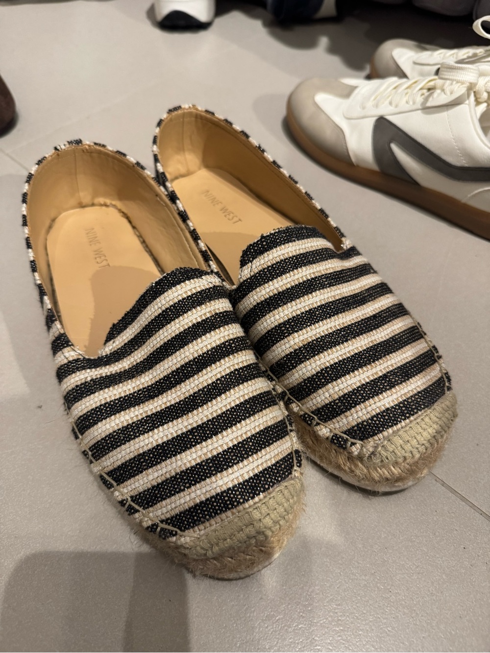 Nine West Black and White Striped Espadrille Slip-Ons